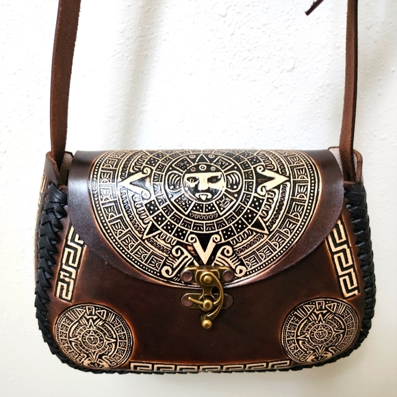 Hand Crafted Handbags - Mexican hand tooled leather purse Aztec Calendar Design